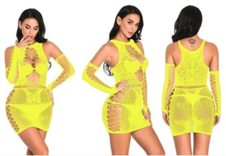 Liu Ming Hot Selling Women Sexy Hollow Cut Out Skirts Dress Fishnet Sheer Mesh Plus Size Pajamas Lingerie