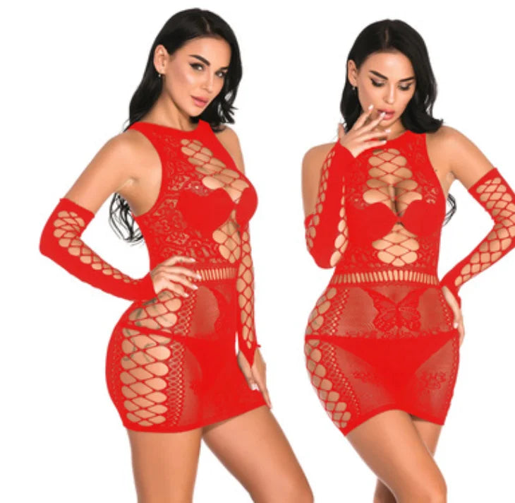 Liu Ming Hot Selling Women Sexy Hollow Cut Out Skirts Dress Fishnet Sheer Mesh Plus Size Pajamas Lingerie