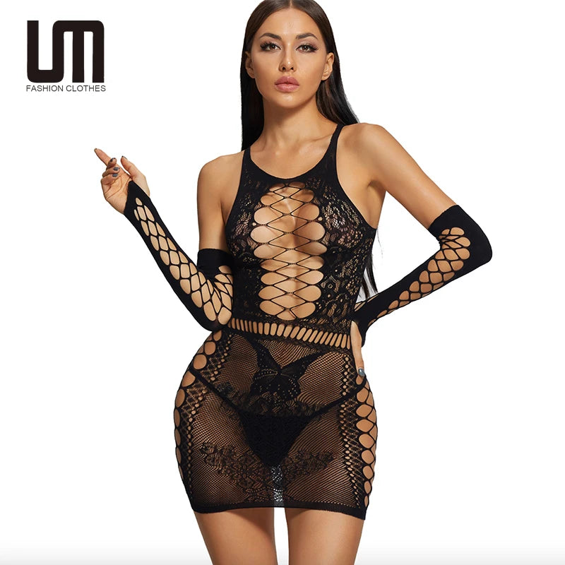 Liu Ming Hot Selling Women Sexy Hollow Cut Out Skirts Dress Fishnet Sheer Mesh Plus Size Pajamas Lingerie