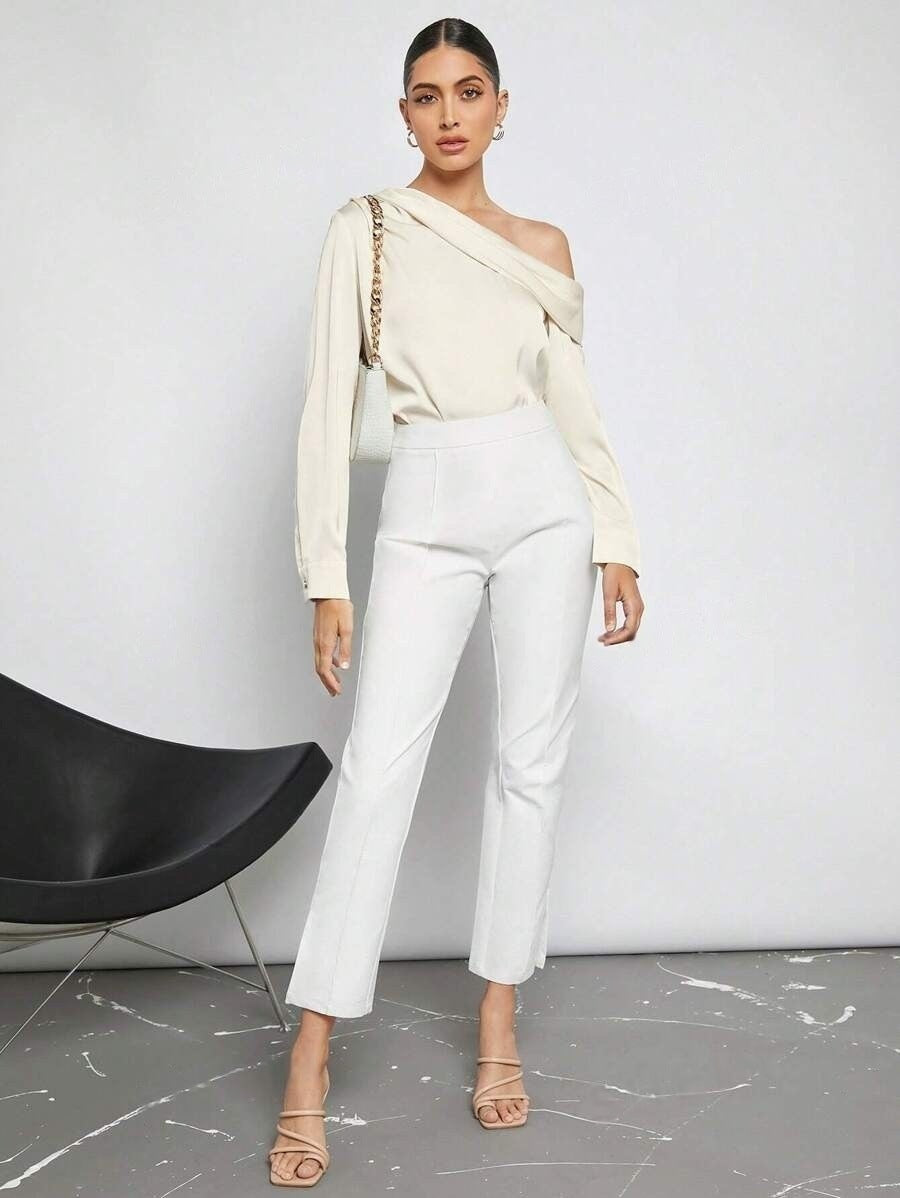 Foreign Trade Cross-Border Pleated Satin Shirt Top Spring and Summer European and American Amazon Off-Shoulder Asymmetrical Long-Sleeved Shirt for Women