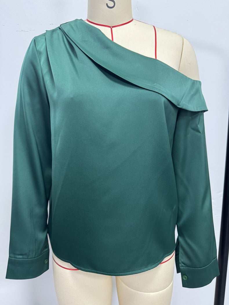 Foreign Trade Cross-Border Pleated Satin Shirt Top Spring and Summer European and American Amazon Off-Shoulder Asymmetrical Long-Sleeved Shirt for Women