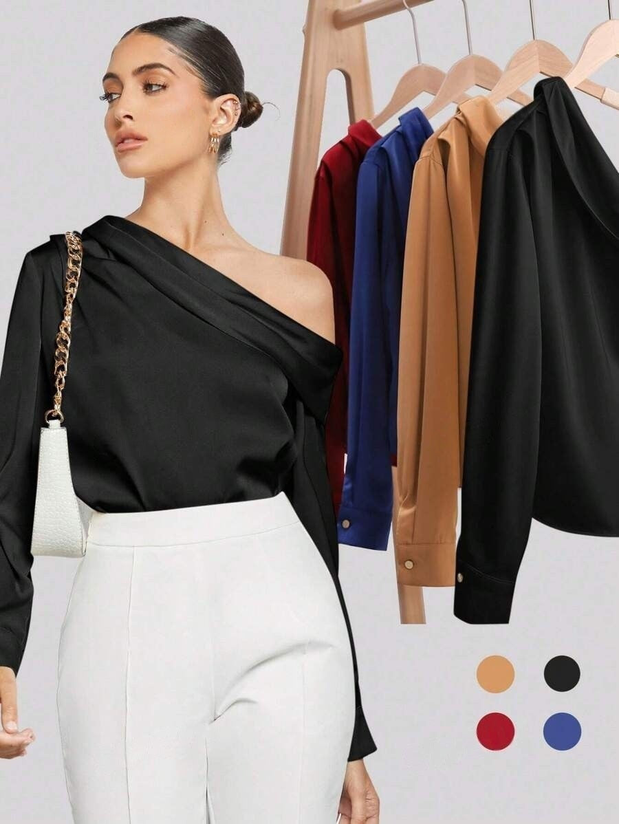 Foreign Trade Cross-Border Pleated Satin Shirt Top Spring and Summer European and American Amazon Off-Shoulder Asymmetrical Long-Sleeved Shirt for Women