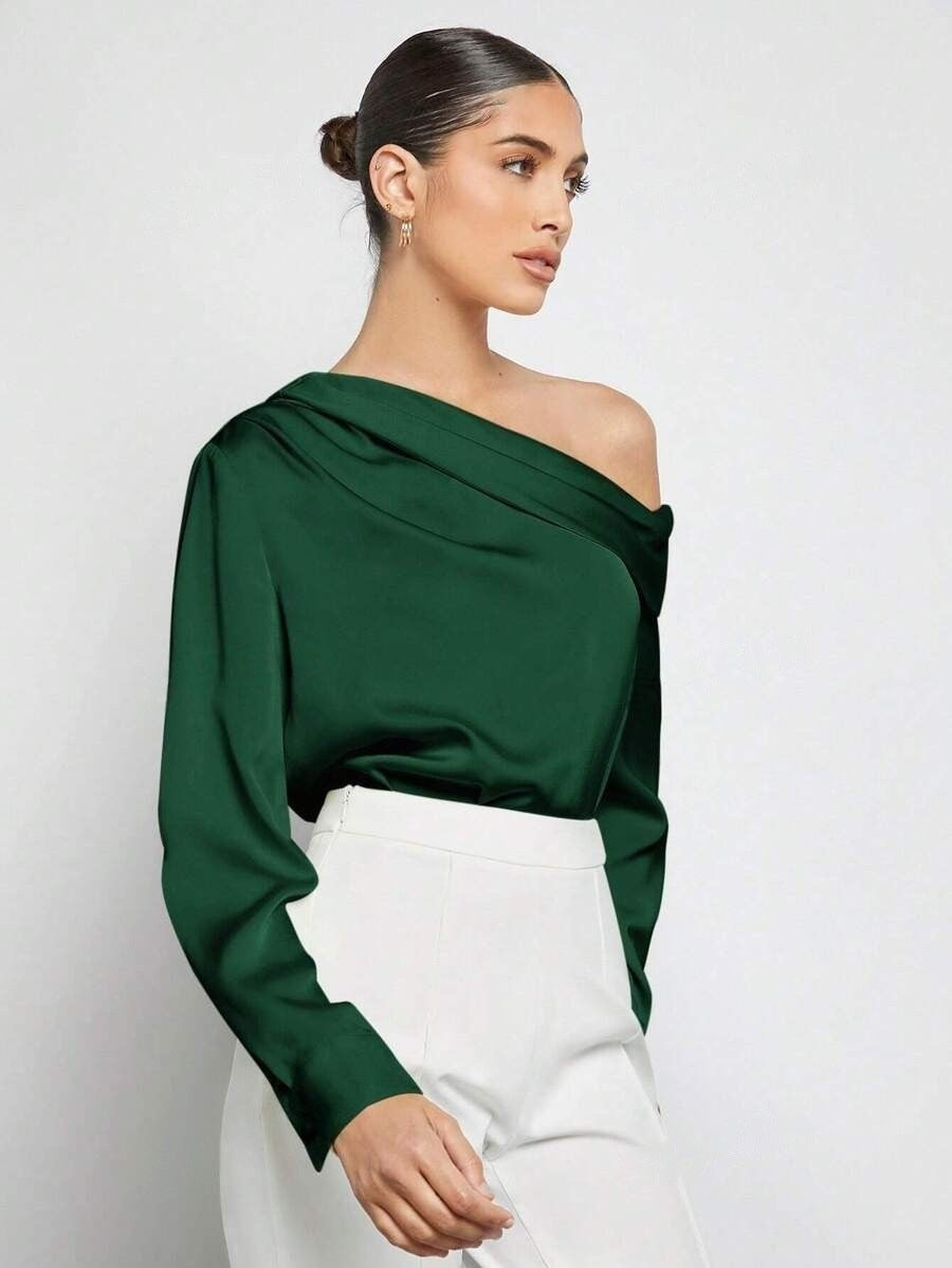 Foreign Trade Cross-Border Pleated Satin Shirt Top Spring and Summer European and American Amazon Off-Shoulder Asymmetrical Long-Sleeved Shirt for Women