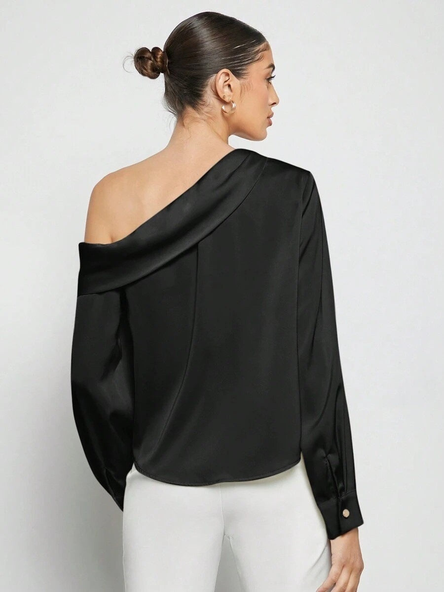 Foreign Trade Cross-Border Pleated Satin Shirt Top Spring and Summer European and American Amazon Off-Shoulder Asymmetrical Long-Sleeved Shirt for Women