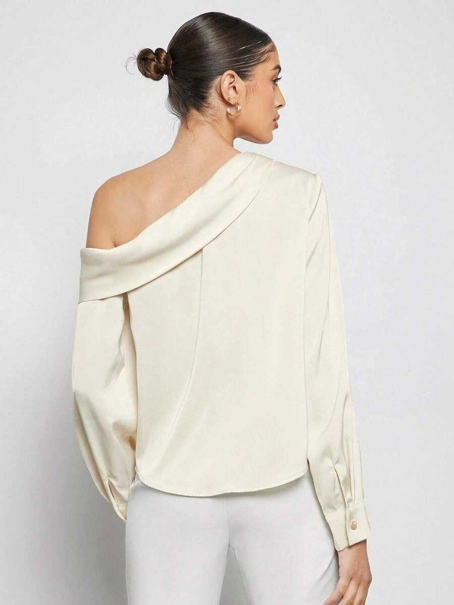 Foreign Trade Cross-Border Pleated Satin Shirt Top Spring and Summer European and American Amazon Off-Shoulder Asymmetrical Long-Sleeved Shirt for Women
