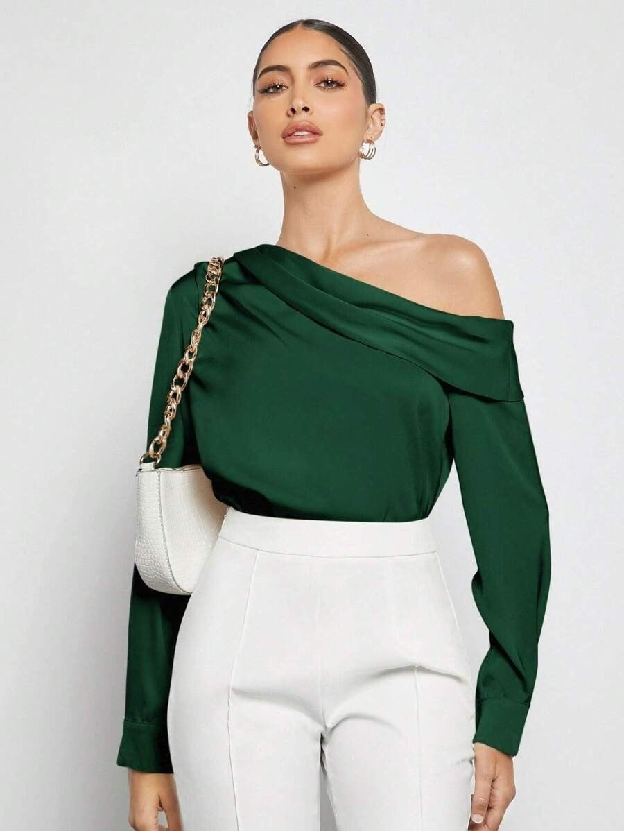 Foreign Trade Cross-Border Pleated Satin Shirt Top Spring and Summer European and American Amazon Off-Shoulder Asymmetrical Long-Sleeved Shirt for Women