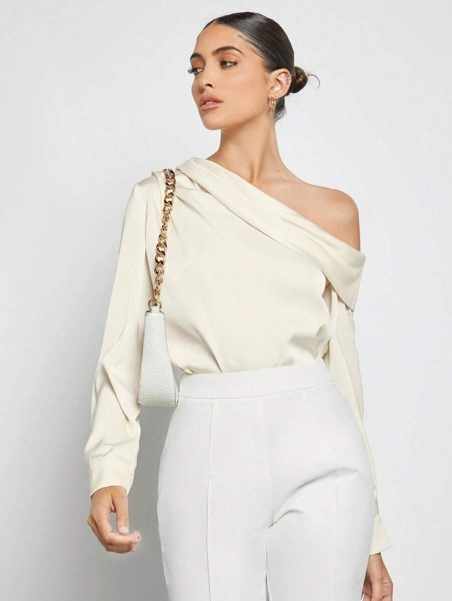 Foreign Trade Cross-Border Pleated Satin Shirt Top Spring and Summer European and American Amazon Off-Shoulder Asymmetrical Long-Sleeved Shirt for Women