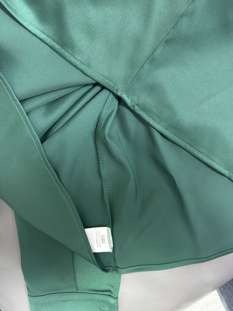 Foreign Trade Cross-Border Pleated Satin Shirt Top Spring and Summer European and American Amazon Off-Shoulder Asymmetrical Long-Sleeved Shirt for Women