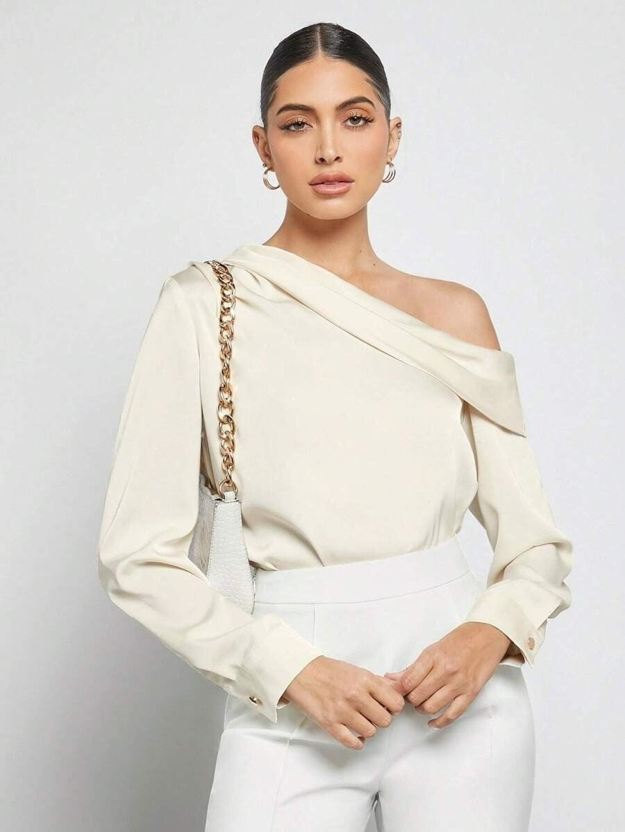 Foreign Trade Cross-Border Pleated Satin Shirt Top Spring and Summer European and American Amazon Off-Shoulder Asymmetrical Long-Sleeved Shirt for Women