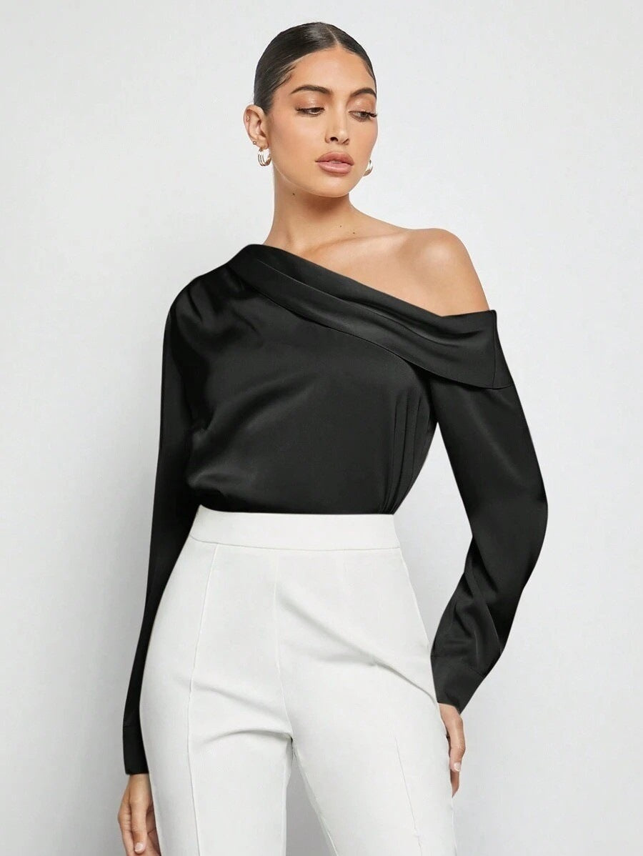 Foreign Trade Cross-Border Pleated Satin Shirt Top Spring and Summer European and American Amazon Off-Shoulder Asymmetrical Long-Sleeved Shirt for Women