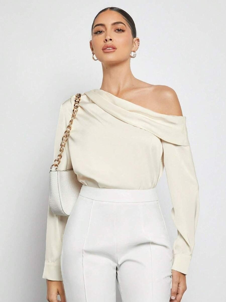 Foreign Trade Cross-Border Pleated Satin Shirt Top Spring and Summer European and American Amazon Off-Shoulder Asymmetrical Long-Sleeved Shirt for Women