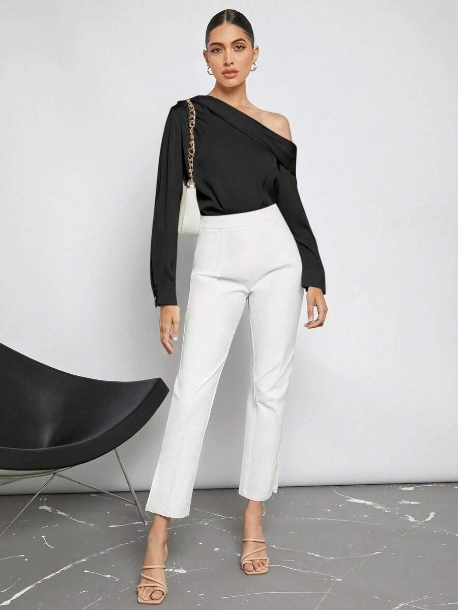 Foreign Trade Cross-Border Pleated Satin Shirt Top Spring and Summer European and American Amazon Off-Shoulder Asymmetrical Long-Sleeved Shirt for Women