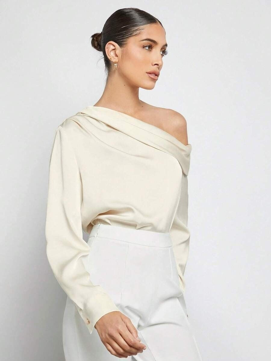Foreign Trade Cross-Border Pleated Satin Shirt Top Spring and Summer European and American Amazon Off-Shoulder Asymmetrical Long-Sleeved Shirt for Women