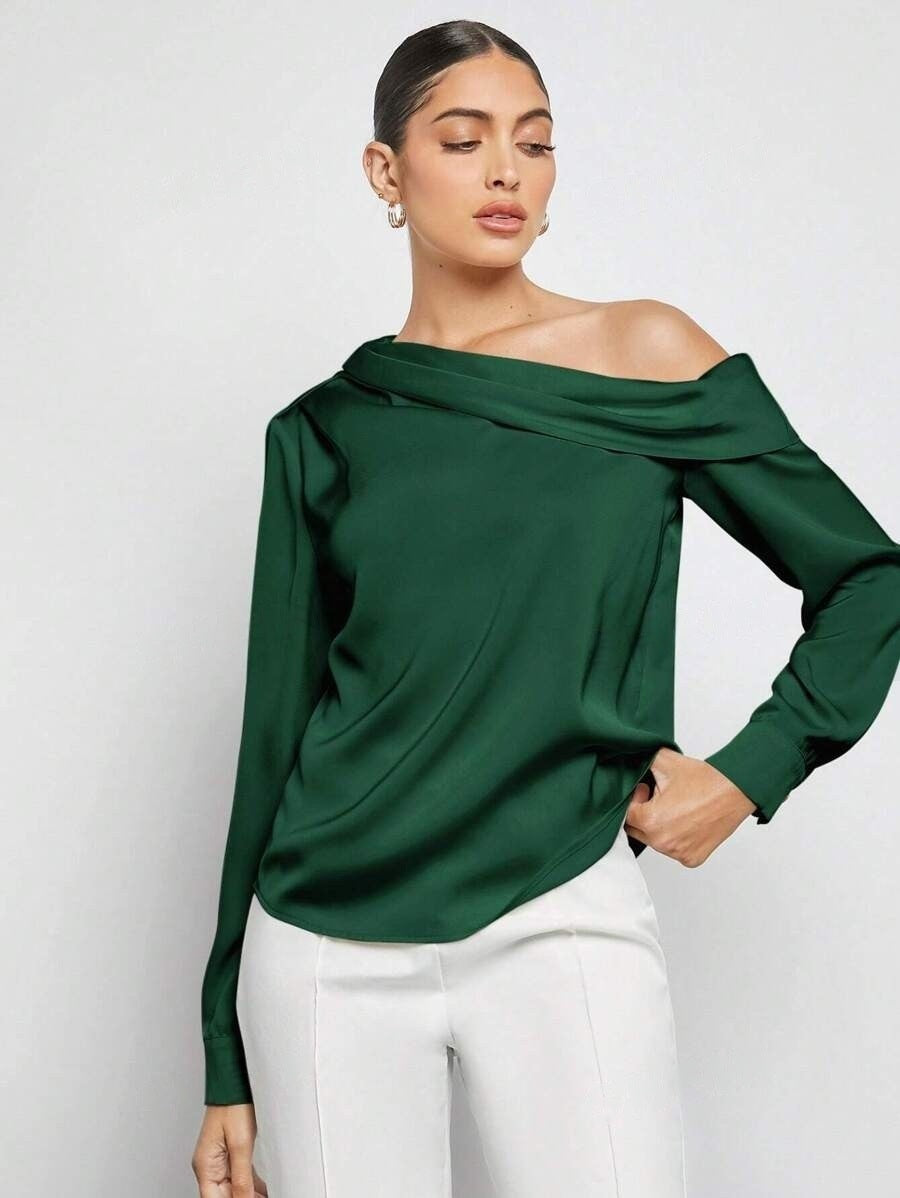 Foreign Trade Cross-Border Pleated Satin Shirt Top Spring and Summer European and American Amazon Off-Shoulder Asymmetrical Long-Sleeved Shirt for Women