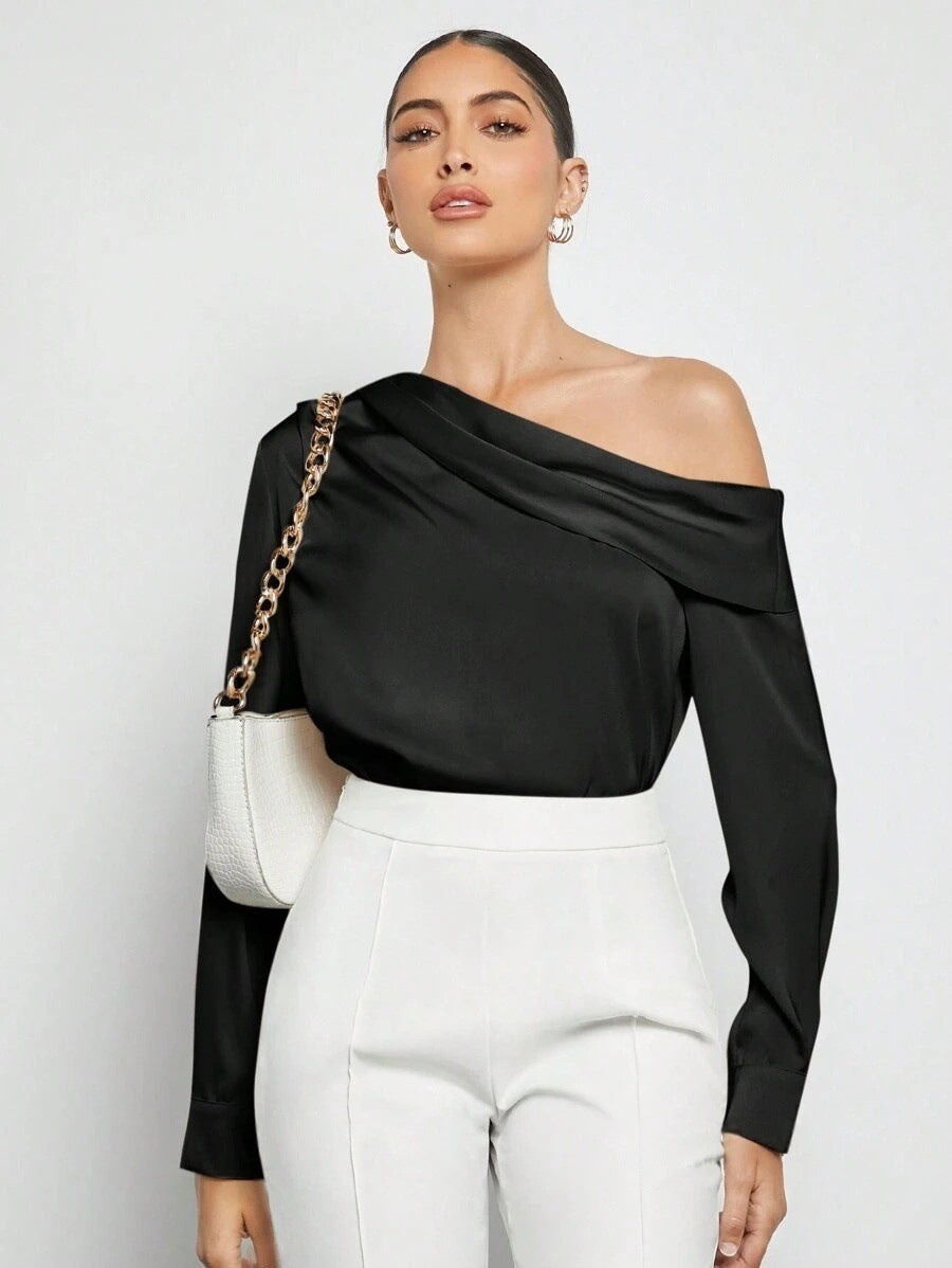 Foreign Trade Cross-Border Pleated Satin Shirt Top Spring and Summer European and American Amazon Off-Shoulder Asymmetrical Long-Sleeved Shirt for Women