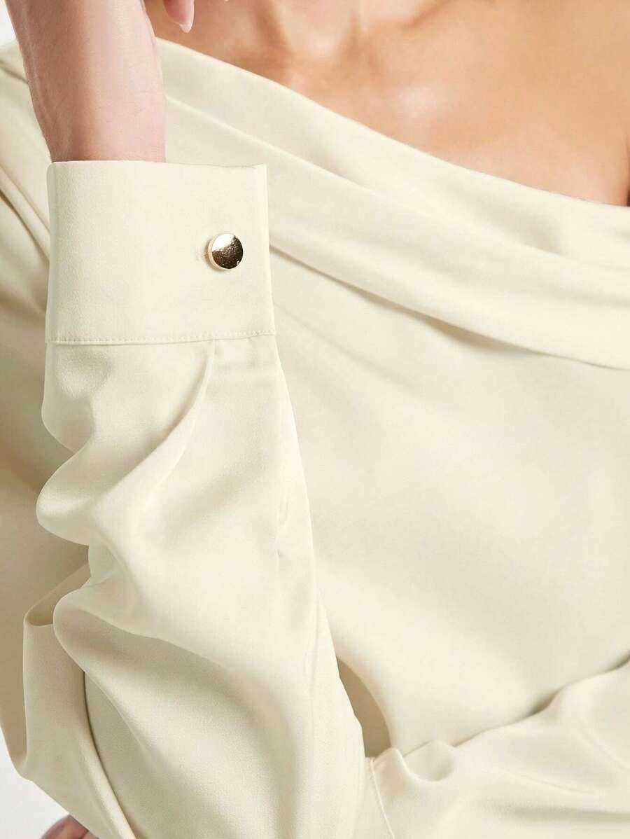 Foreign Trade Cross-Border Pleated Satin Shirt Top Spring and Summer European and American Amazon Off-Shoulder Asymmetrical Long-Sleeved Shirt for Women