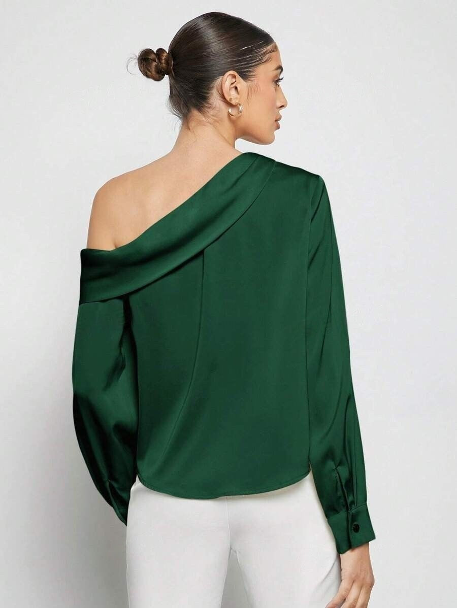 Foreign Trade Cross-Border Pleated Satin Shirt Top Spring and Summer European and American Amazon Off-Shoulder Asymmetrical Long-Sleeved Shirt for Women