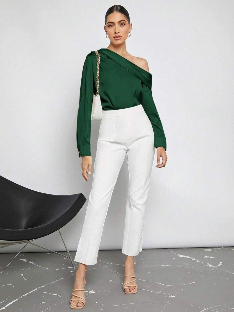Foreign Trade Cross-Border Pleated Satin Shirt Top Spring and Summer European and American Amazon Off-Shoulder Asymmetrical Long-Sleeved Shirt for Women