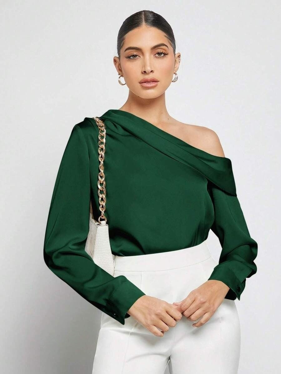 Foreign Trade Cross-Border Pleated Satin Shirt Top Spring and Summer European and American Amazon Off-Shoulder Asymmetrical Long-Sleeved Shirt for Women