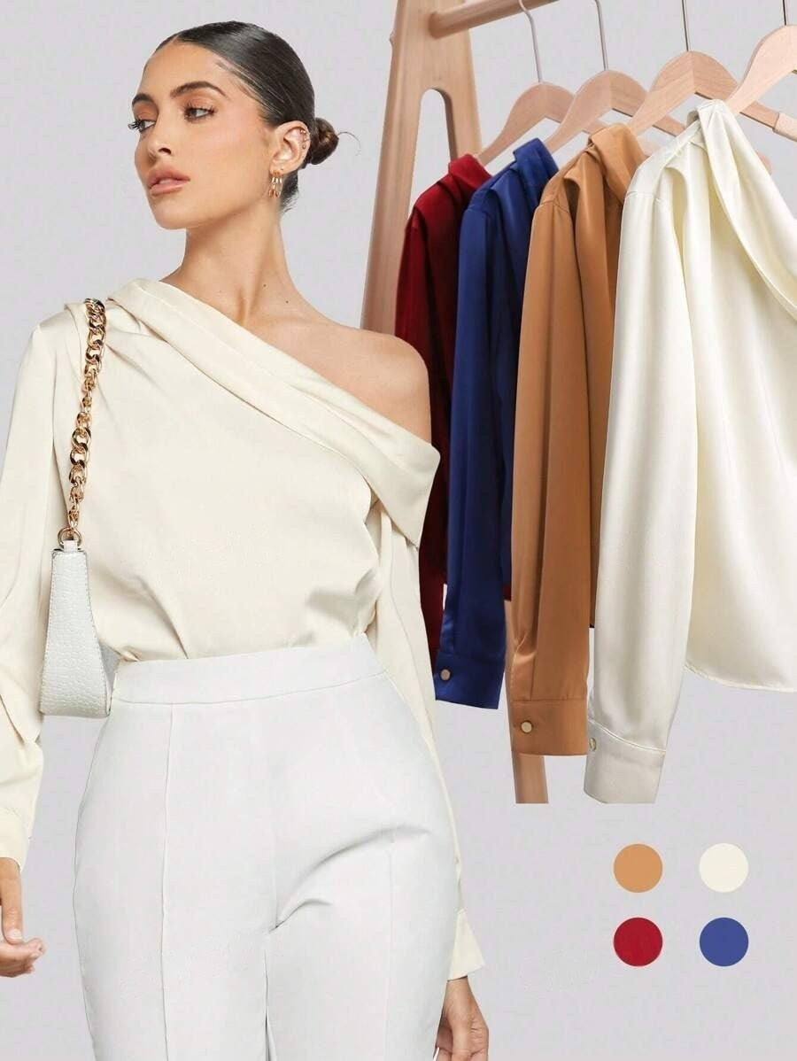 Foreign Trade Cross-Border Pleated Satin Shirt Top Spring and Summer European and American Amazon Off-Shoulder Asymmetrical Long-Sleeved Shirt for Women