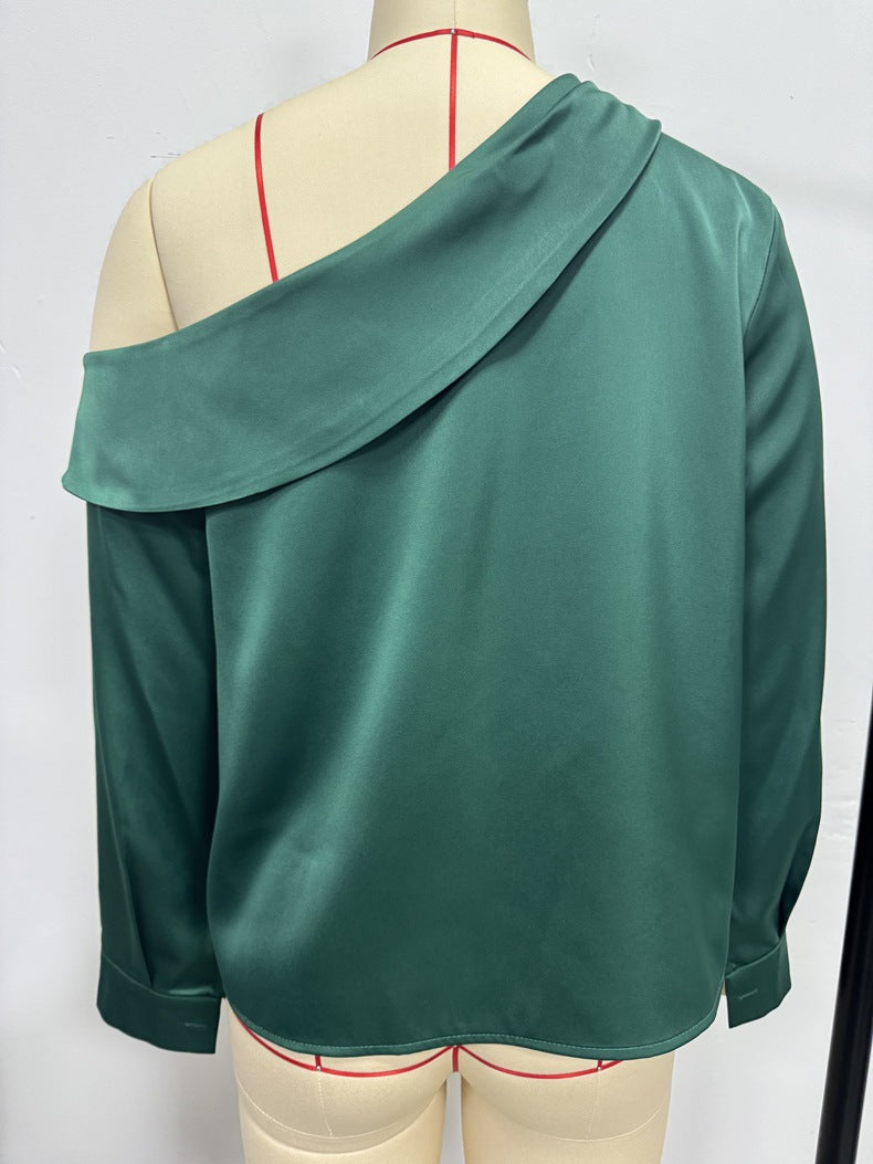 Foreign Trade Cross-Border Pleated Satin Shirt Top Spring and Summer European and American Amazon Off-Shoulder Asymmetrical Long-Sleeved Shirt for Women