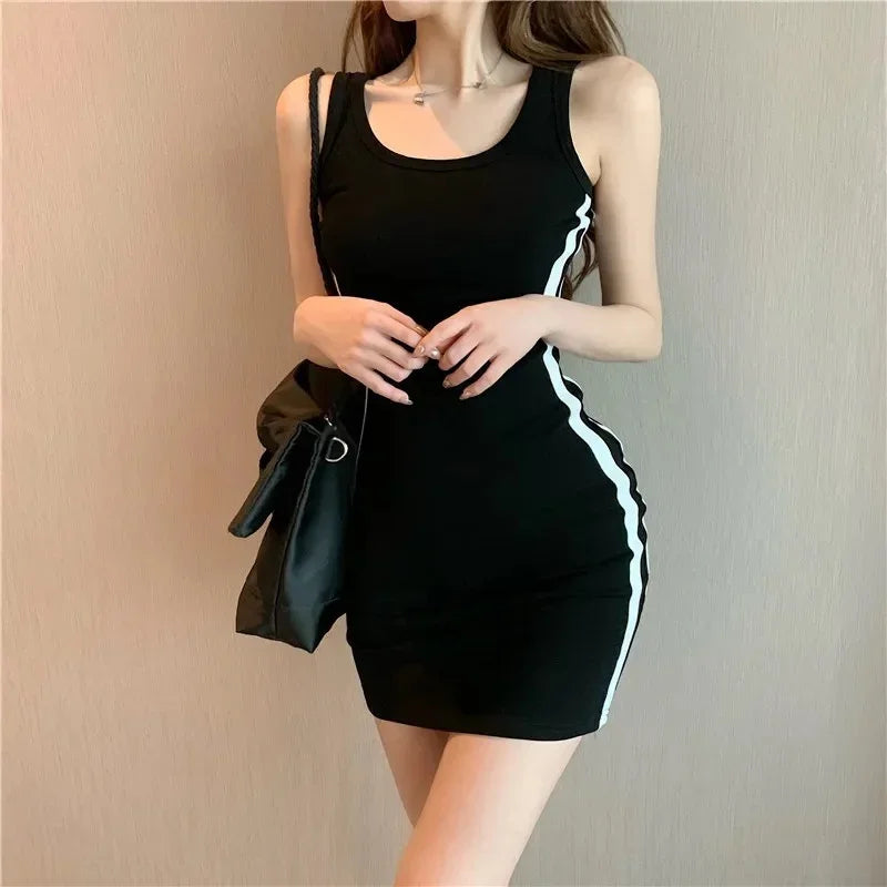 Summer Women Casual Sheath Dress Lady Spaghetti Strap Sleeveless Sexy Stretch Slim Contrast Striped Dresses