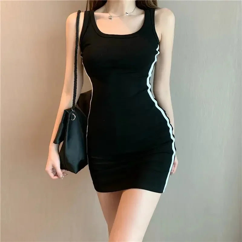 Summer Women Casual Sheath Dress Lady Spaghetti Strap Sleeveless Sexy Stretch Slim Contrast Striped Dresses