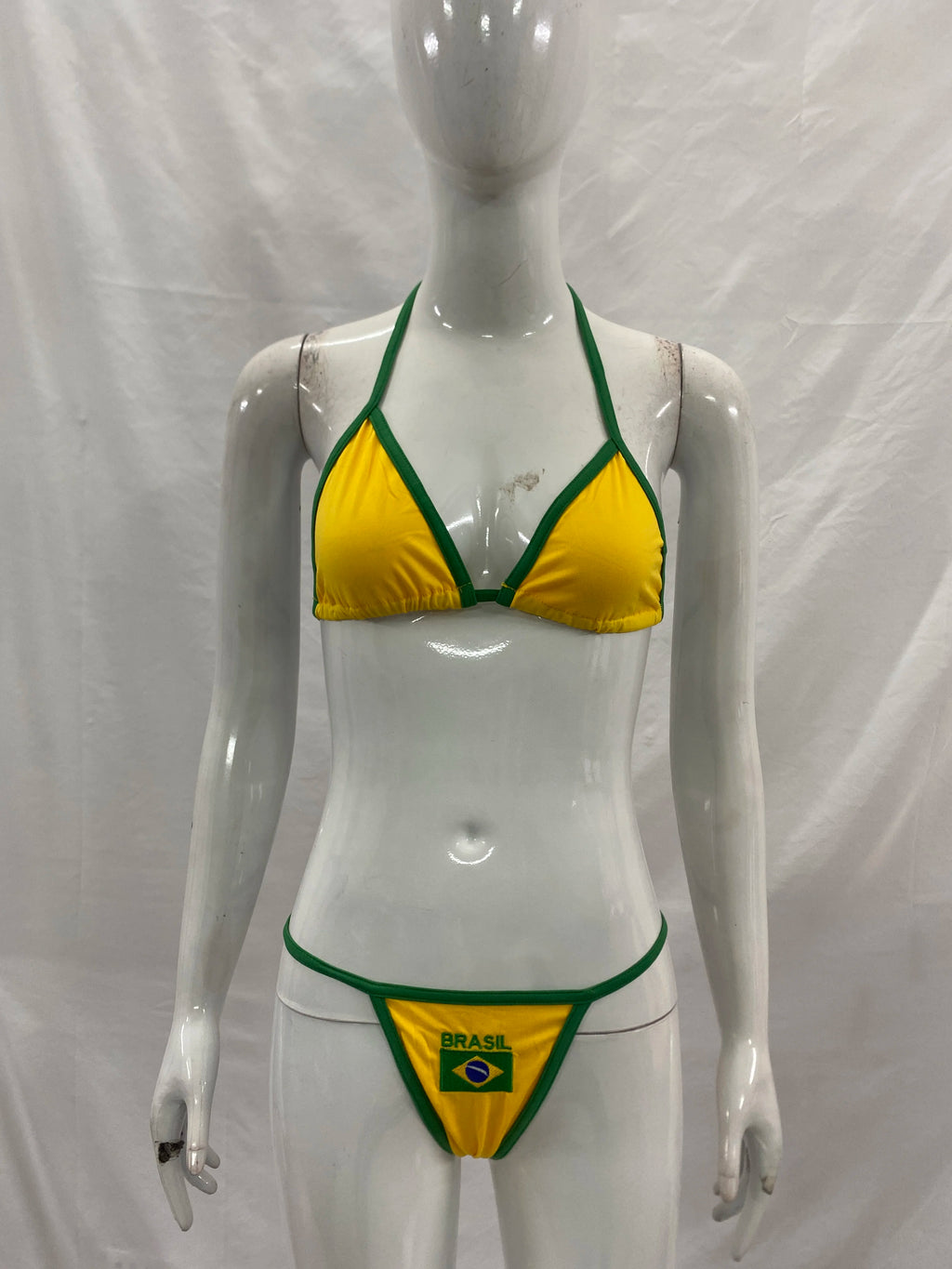 Women's Brasil Flag Print Bikini Set, Halter Triangle Top + Tanga Bottom, Brazilian Flag Two-Piece Swimwear, Y2K Beachwear