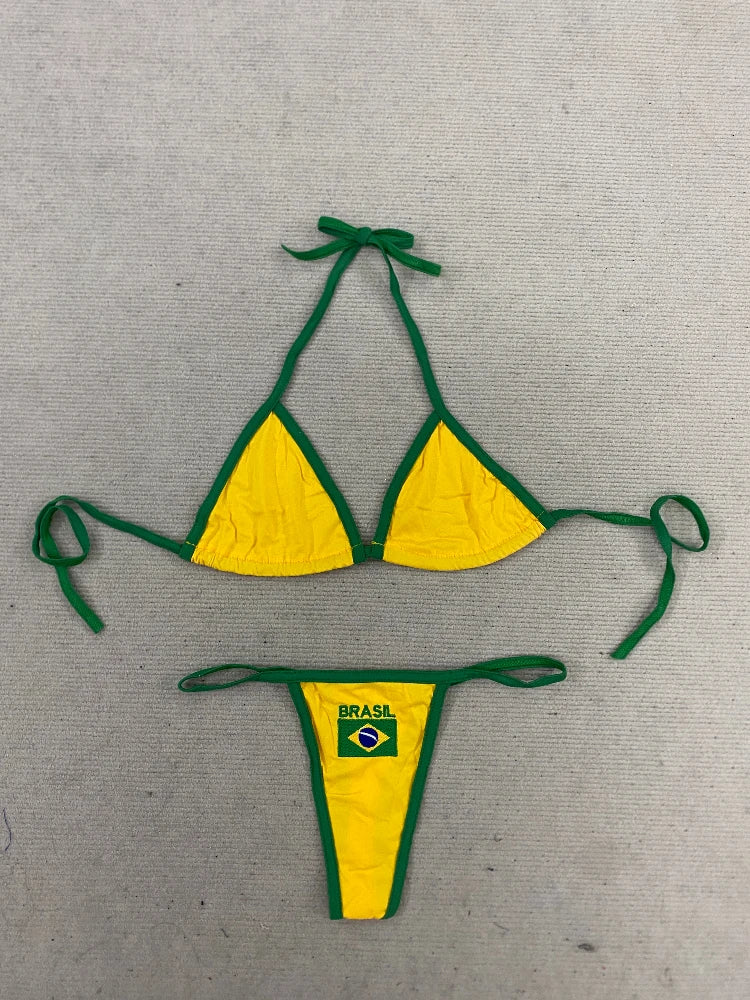 Women's Brasil Flag Print Bikini Set, Halter Triangle Top + Tanga Bottom, Brazilian Flag Two-Piece Swimwear, Y2K Beachwear