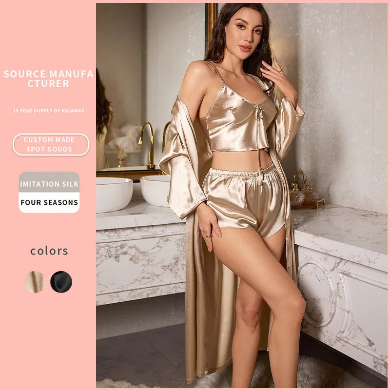 3PCS Sexy Women Pajamas Ladies Nightgowns Satin Robes Nightdress Sling and Short Women Robe