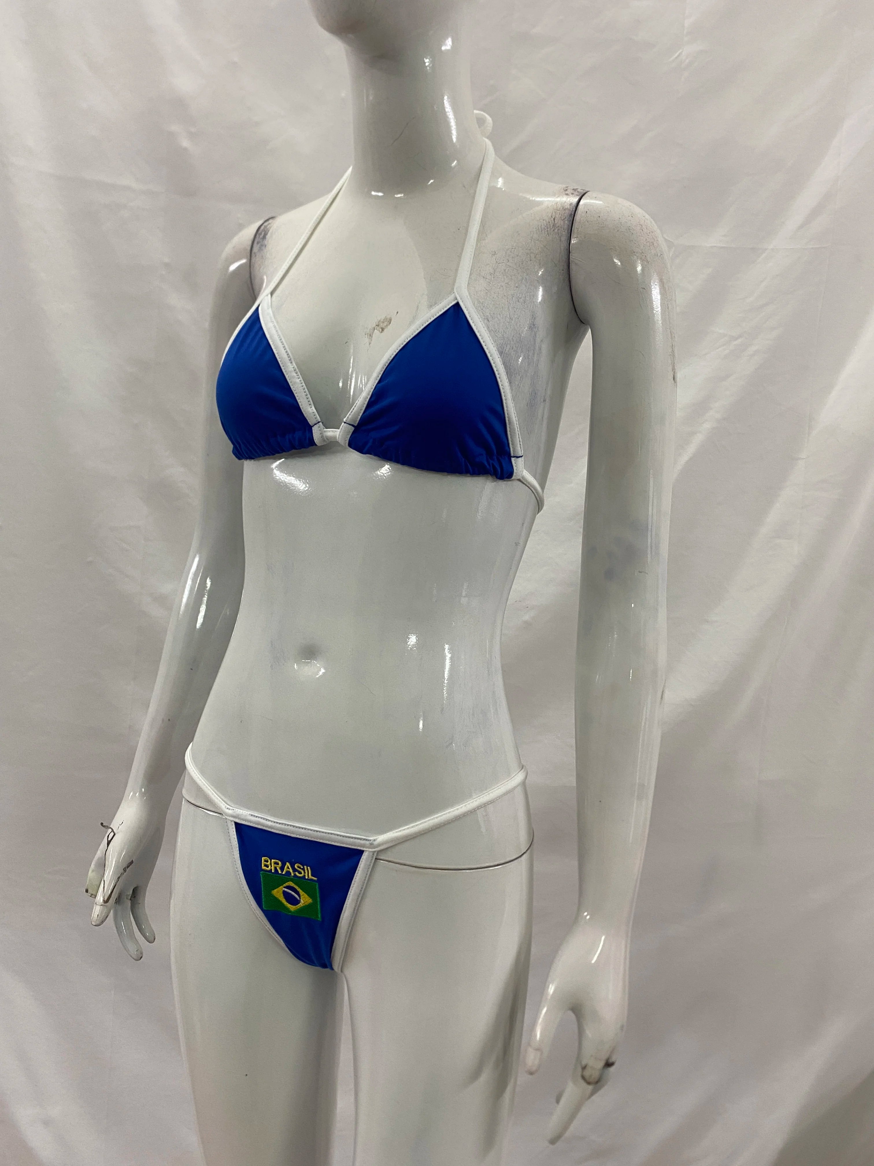 Women's Brasil Flag Print Bikini Set, Halter Triangle Top + Tanga Bottom, Brazilian Flag Two-Piece Swimwear, Y2K Beachwear