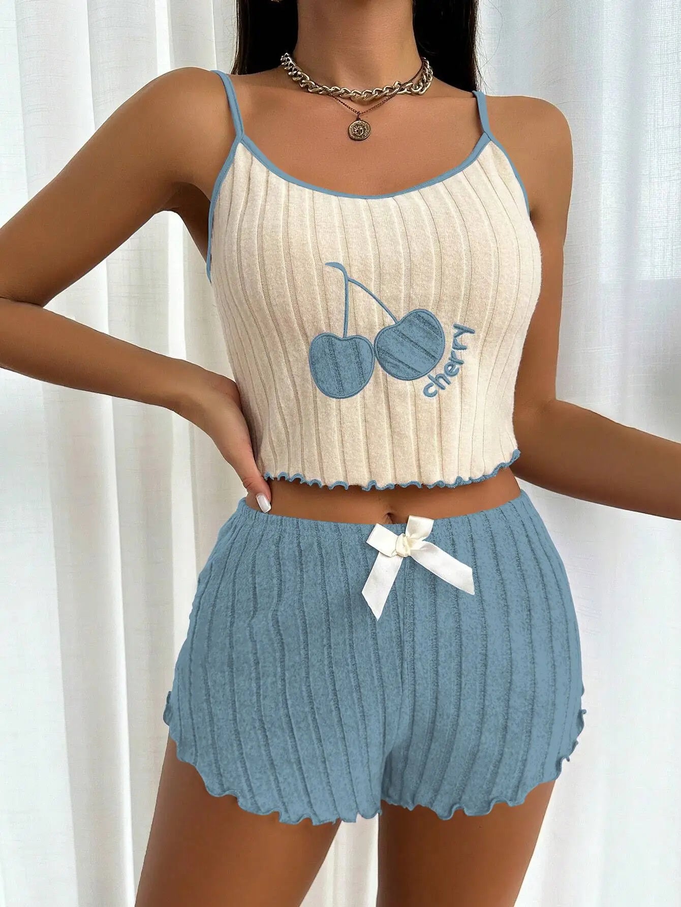 New Womens Summer Brushed Pajama Set Cute Y2K Embroidered Cherry Ribbed Cami Top Ruffle Shorts Two Piece Loungewear Sleepwear
