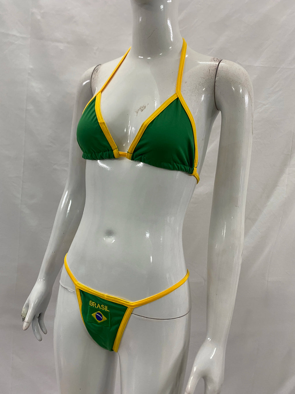 Women's Brasil Flag Print Bikini Set, Halter Triangle Top + Tanga Bottom, Brazilian Flag Two-Piece Swimwear, Y2K Beachwear