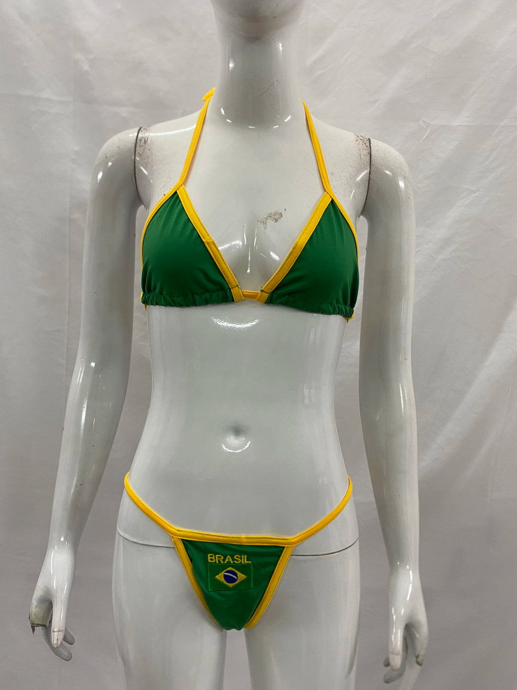 Women's Brasil Flag Print Bikini Set, Halter Triangle Top + Tanga Bottom, Brazilian Flag Two-Piece Swimwear, Y2K Beachwear