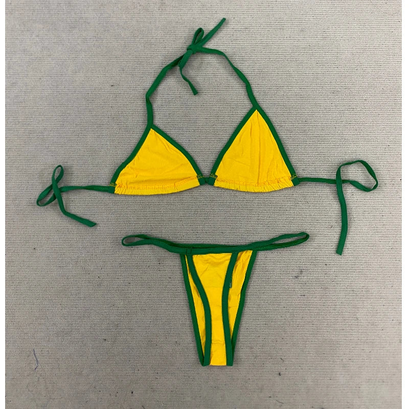 Women's Brasil Flag Print Bikini Set, Halter Triangle Top + Tanga Bottom, Brazilian Flag Two-Piece Swimwear, Y2K Beachwear