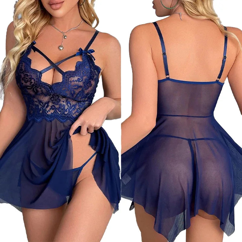 Sexy Lingerie Women Crotchless Sleepwear Pajamas Lace Night Dress Erotic Costumes Exotic Female Underwear Nightgown G-string