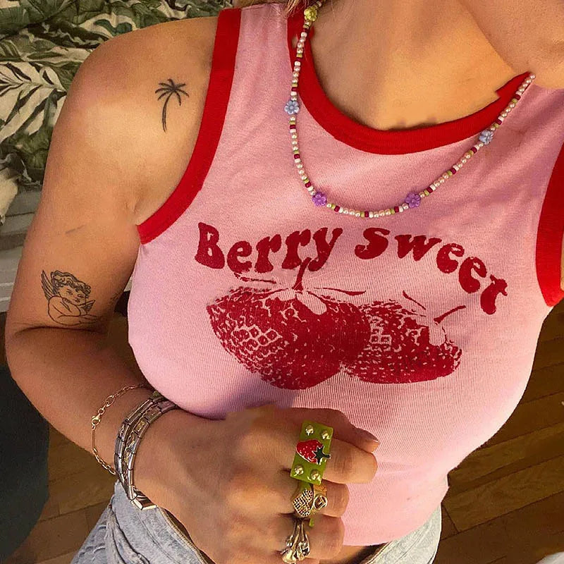 2024 Pink Print Y2k Tank Top Summer Off Shoulder O Neck Sleeveless Fashion 90s Vintage Crop Tops Women Casual Sexy