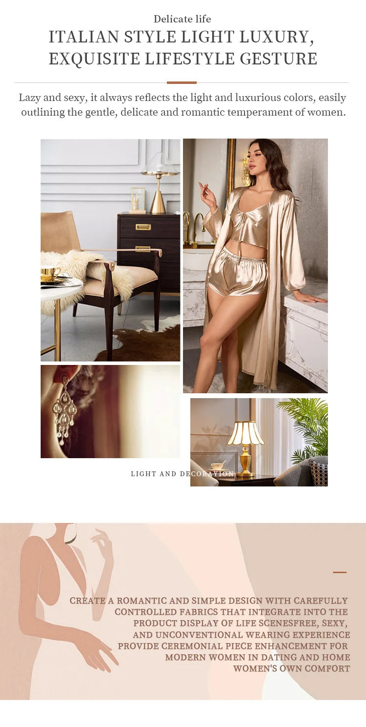 3PCS Sexy Women Pajamas Ladies Nightgowns Satin Robes Nightdress Sling and Short Women Robe