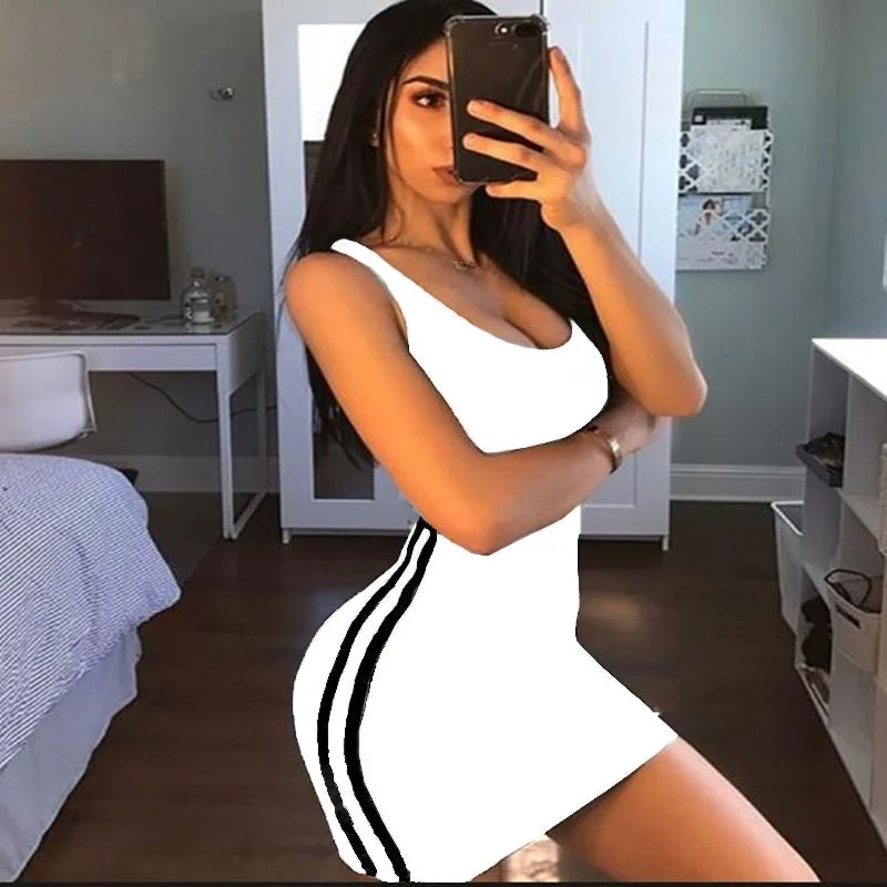 Summer Women Casual Sheath Dress Lady Spaghetti Strap Sleeveless Sexy Stretch Slim Contrast Striped Dresses