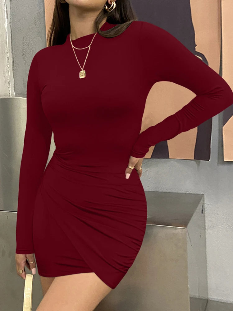 2025 Autumn Sexy Ruched Irregular Long Sleeve Dress Women's Turtleneck High Waist Slim Fit Dresses