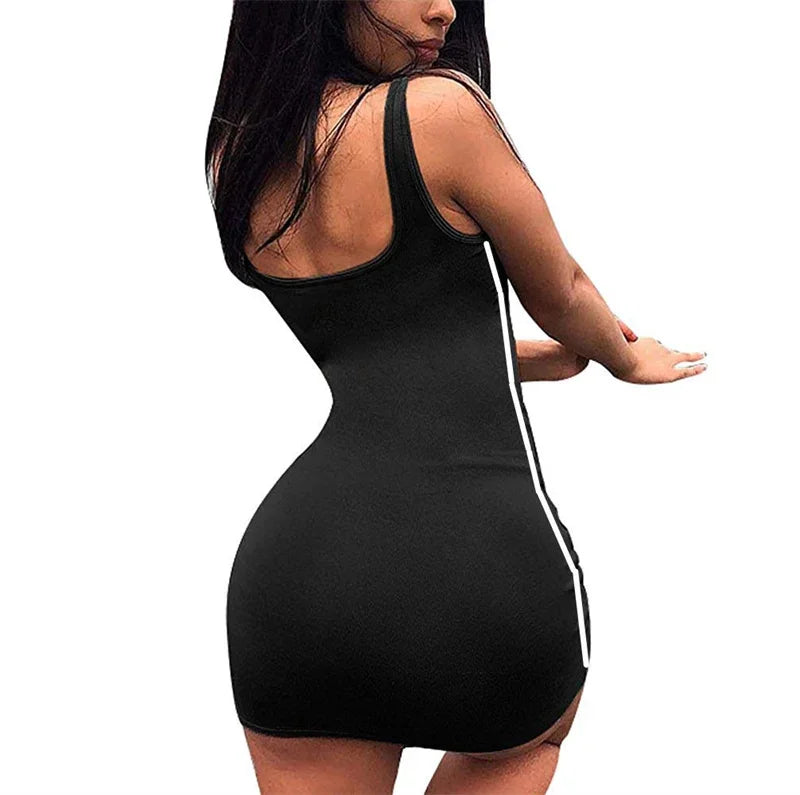 Summer Women Casual Sheath Dress Lady Spaghetti Strap Sleeveless Sexy Stretch Slim Contrast Striped Dresses