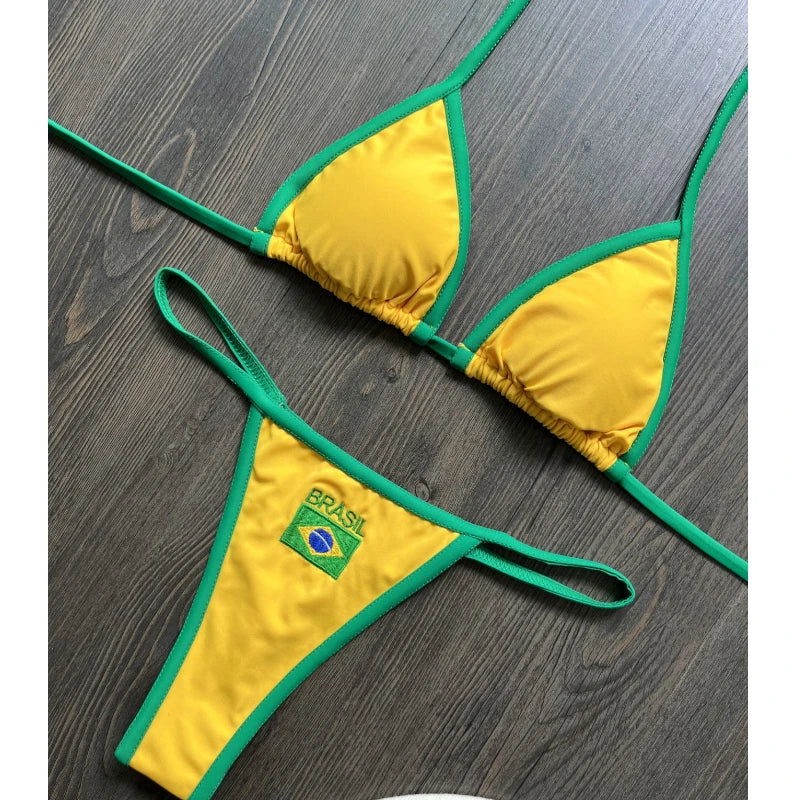 Women's Brasil Flag Print Bikini Set, Halter Triangle Top + Tanga Bottom, Brazilian Flag Two-Piece Swimwear, Y2K Beachwear