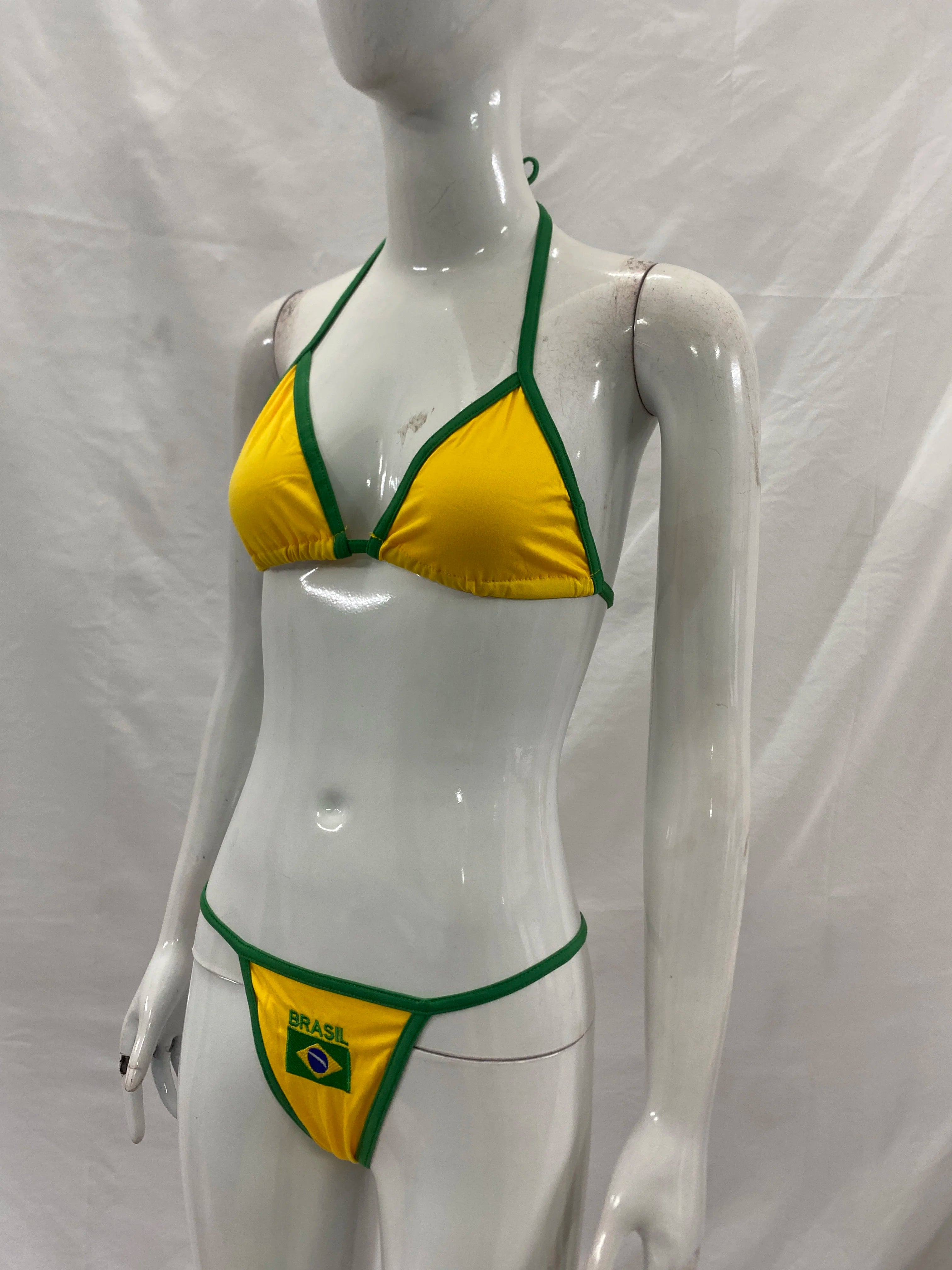 Women's Brasil Flag Print Bikini Set, Halter Triangle Top + Tanga Bottom, Brazilian Flag Two-Piece Swimwear, Y2K Beachwear