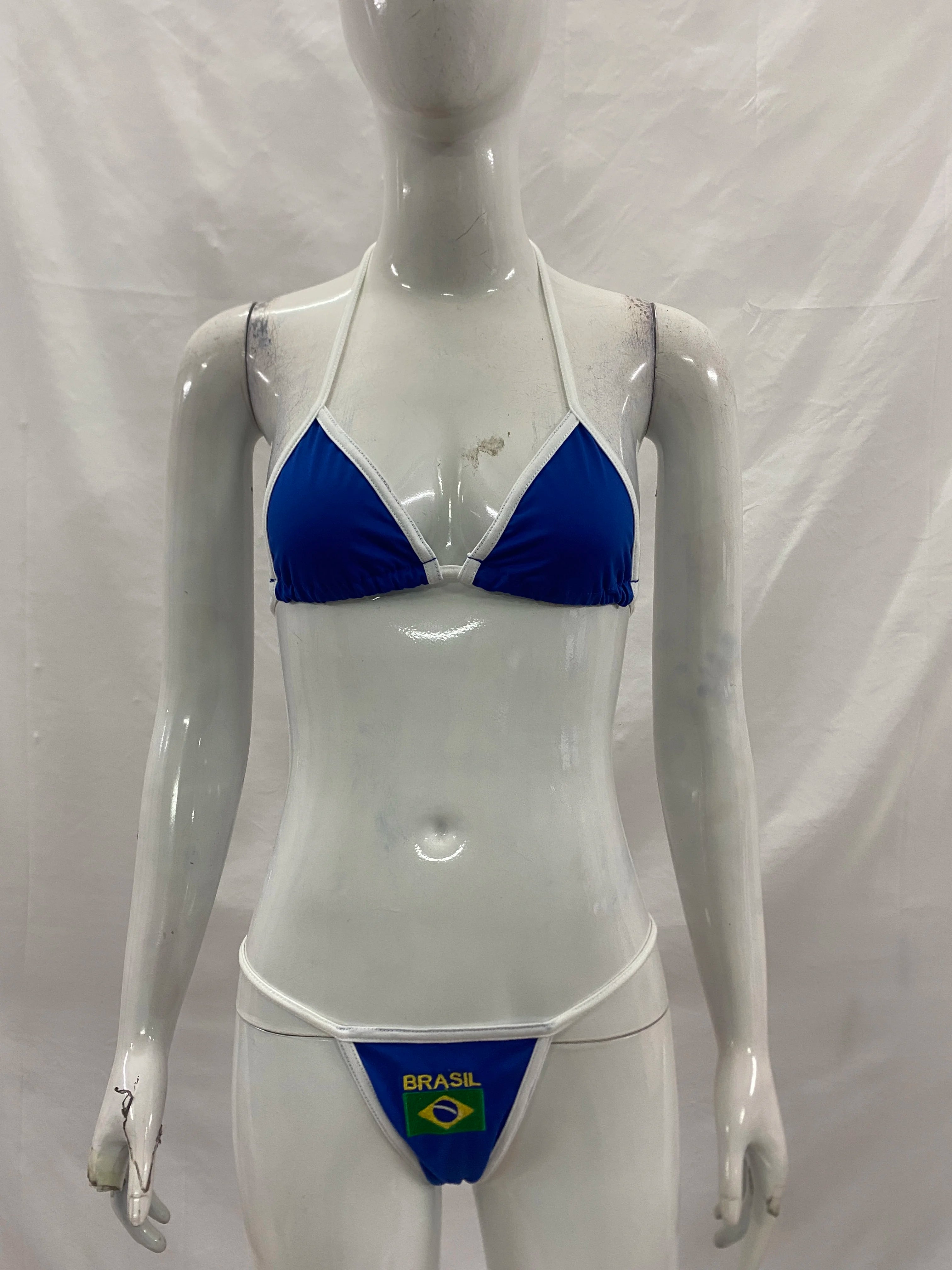 Women's Brasil Flag Print Bikini Set, Halter Triangle Top + Tanga Bottom, Brazilian Flag Two-Piece Swimwear, Y2K Beachwear