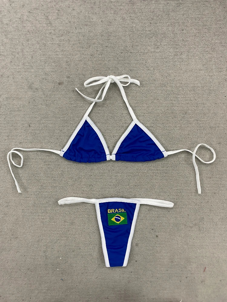 Women's Brasil Flag Print Bikini Set, Halter Triangle Top + Tanga Bottom, Brazilian Flag Two-Piece Swimwear, Y2K Beachwear