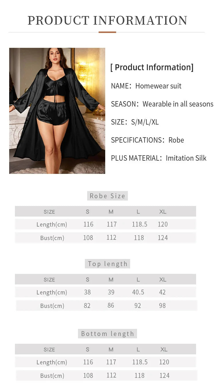 3PCS Sexy Women Pajamas Ladies Nightgowns Satin Robes Nightdress Sling and Short Women Robe