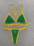 Women's Brasil Flag Print Bikini Set, Halter Triangle Top + Tanga Bottom, Brazilian Flag Two-Piece Swimwear, Y2K Beachwear