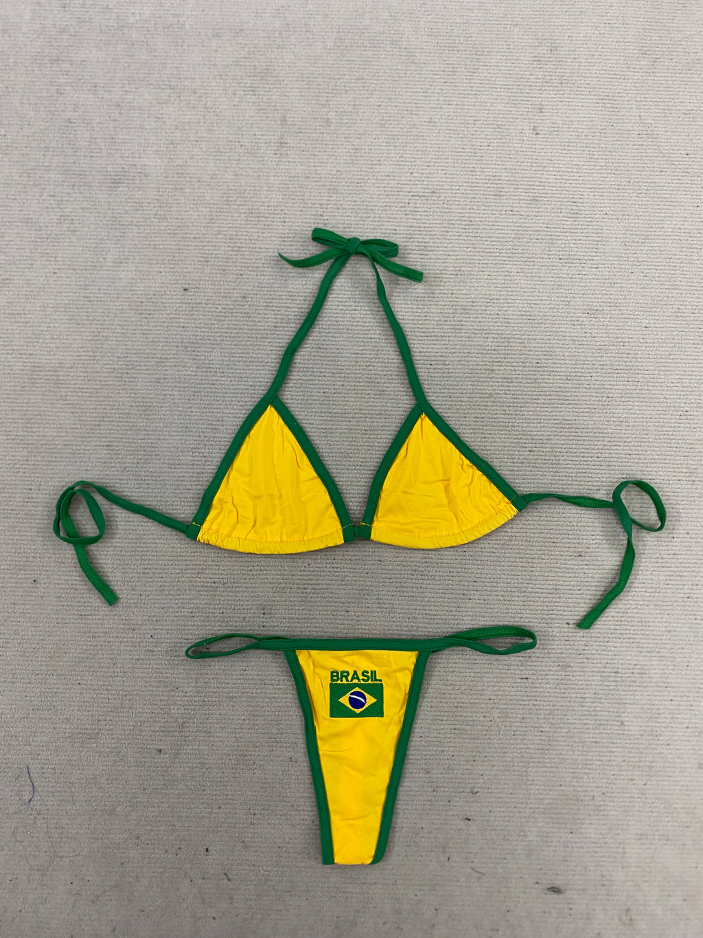Women's Brasil Flag Print Bikini Set, Halter Triangle Top + Tanga Bottom, Brazilian Flag Two-Piece Swimwear, Y2K Beachwear