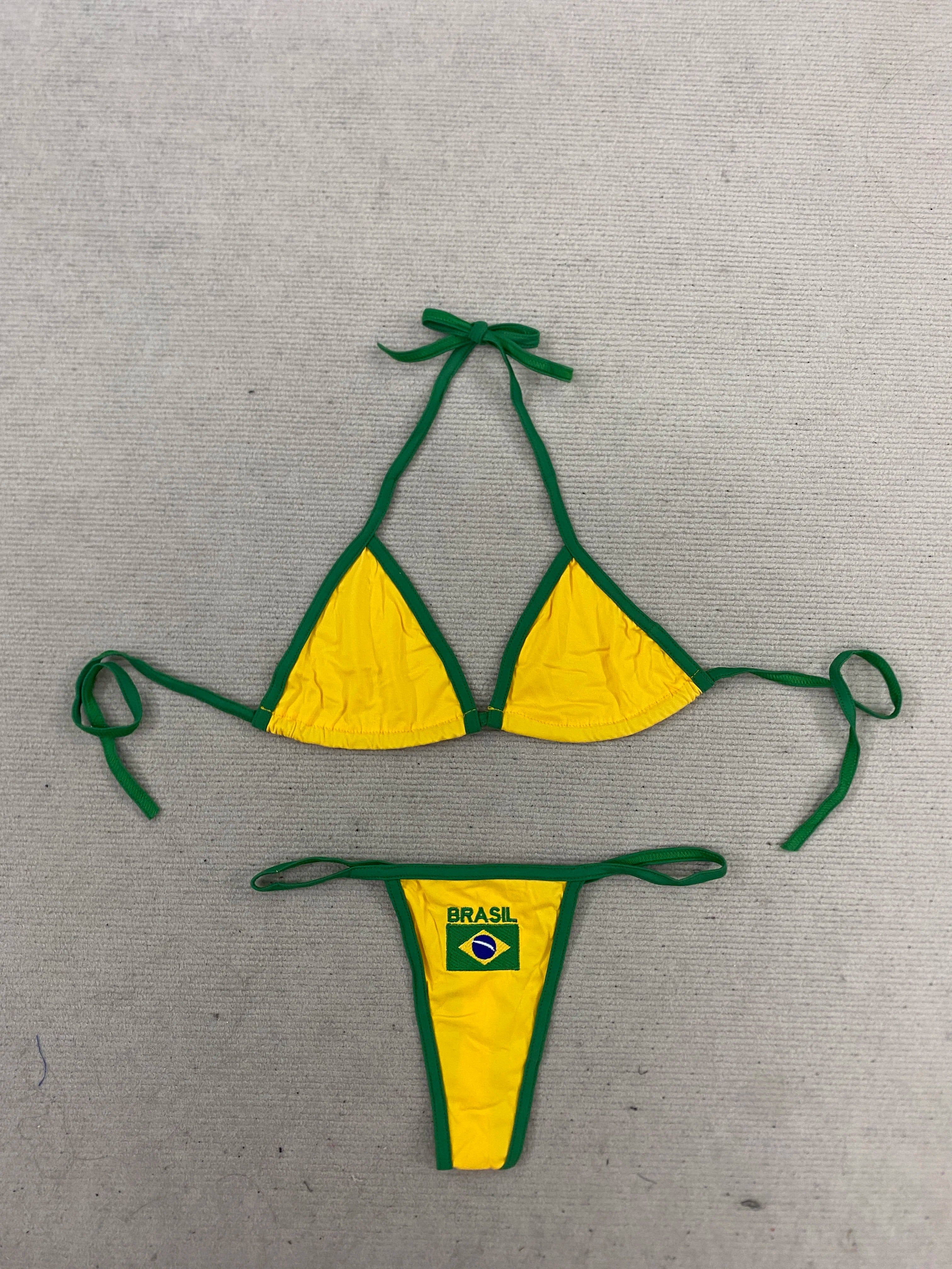 Women's Brasil Flag Print Bikini Set, Halter Triangle Top + Tanga Bottom, Brazilian Flag Two-Piece Swimwear, Y2K Beachwear