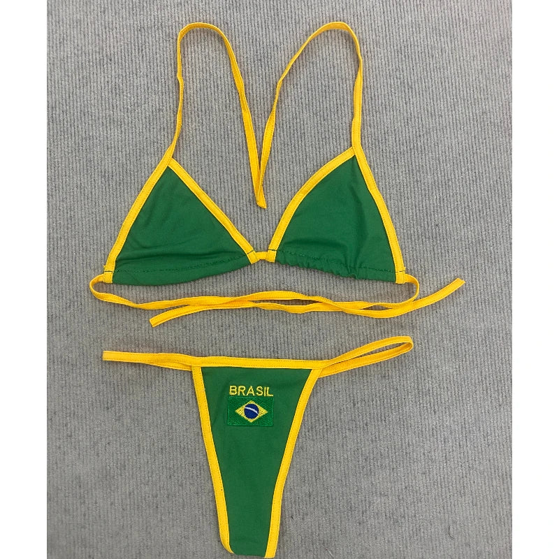 Women's Brasil Flag Print Bikini Set, Halter Triangle Top + Tanga Bottom, Brazilian Flag Two-Piece Swimwear, Y2K Beachwear